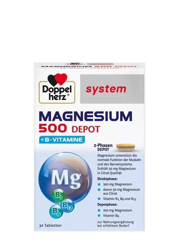 Doppelherz System Magnesium 500 depot+vit.B, 30 tabletes