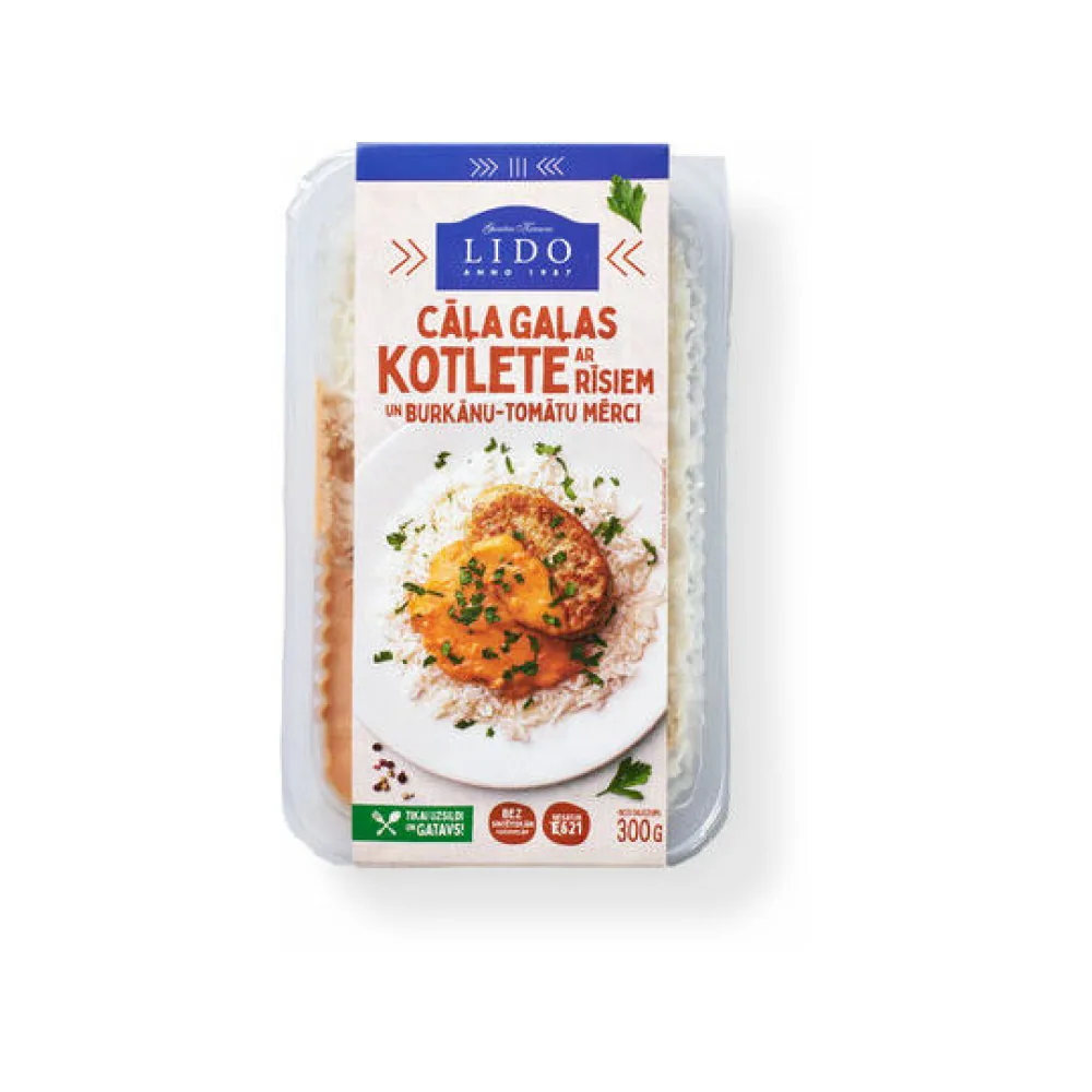 LIDO CĀĻA GAĻĀS KOTLETE AR RĪSIEM UN BURKĀNU - TOMĀTU MĒRCI 300G