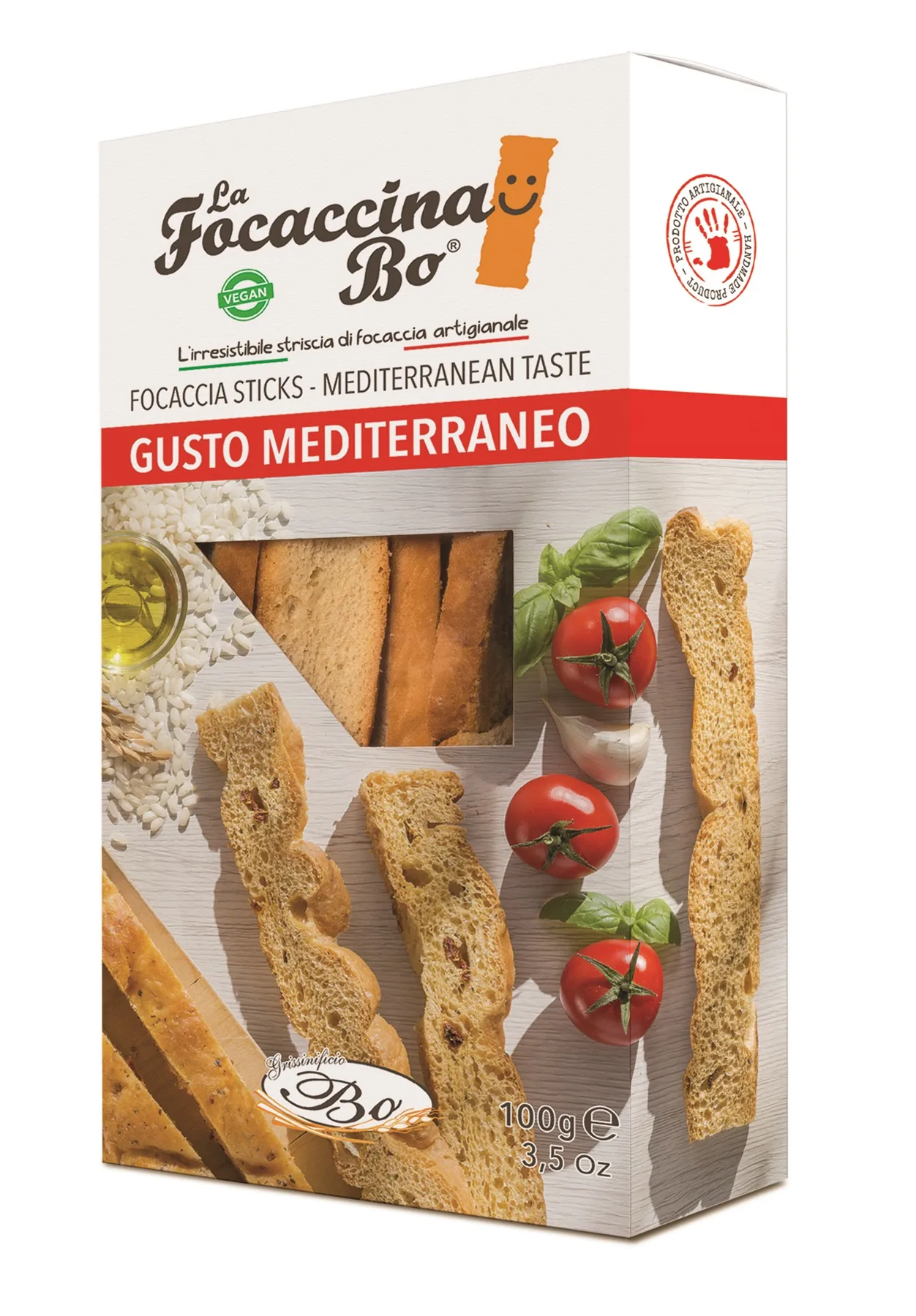 MAIZES STANDZIŅAS FOCACCINA GUSTO MEDITERRANEO, AR TOMĀTU, OREGANO, BAZILIKA UN ĶIPLOKA GARŠU, ROKU