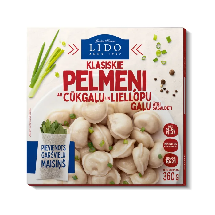 PELMEŅI LIDO KLASISKIE, AR CŪKGAĻU UN LIELLOPA GAĻU 360G
