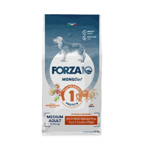 FORZA10 Monodiet Medium Adult ar zirgu un zirņiem, suņiem sausā barība, 12 kg