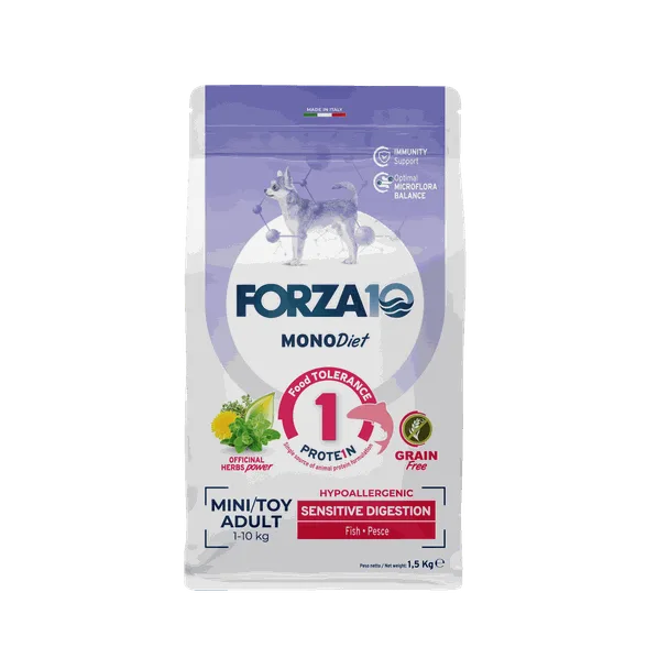 FORZA10 Monodiet Sensitive Digestion mini/toy adult ar zivi, suņiem sausā barība, 1,5 kg