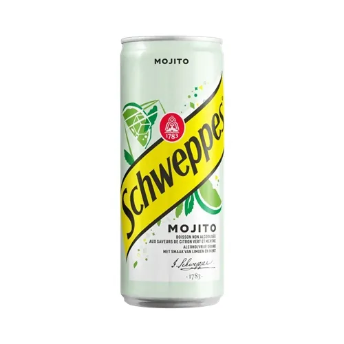 GĀZĒTS BEZALKOHOLISKS DZĒRIENS SCHWEPPES MOJITO, BUNDŽĀ, AR CUKURU UN SALDINĀTĀJIEM 0.33L(DEP)