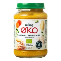 EKOLOĢISKS DĀRZEŅU BIEZENIS SALLING OKO AR VISTU ZĪDAIŅIEM NO 6 MĒNEŠIEM 190G