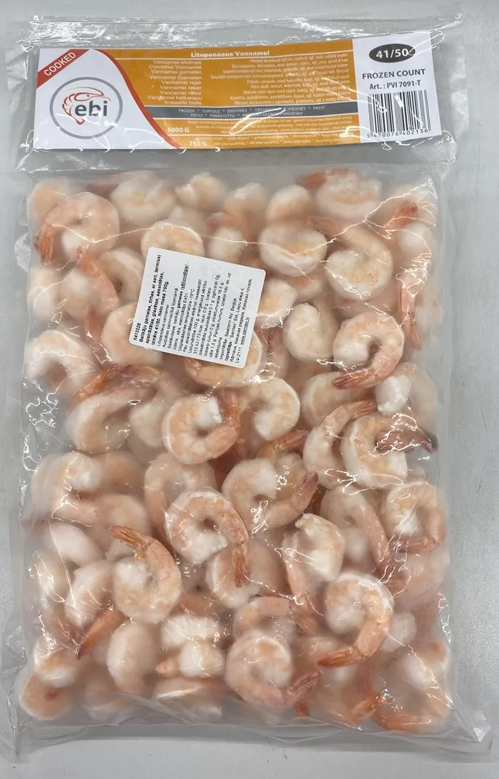 BALTKĀJU GARNELES EBI, SALD., 41/50, VĀRĪTAS, TĪRĪTAS, AR ASTI, 25%, 750G/1KG, VNM PDTO COOKED