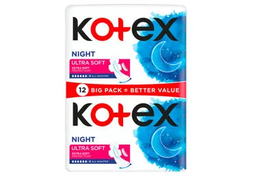 HIGIĒNISKĀS PAKETES KOTEX ULTRA SOFT NIGHT 12GB.