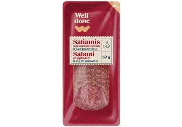 AUKSTI KŪPINĀTA SALAMI DESA AR ĶIPLOKIEM WELL DONE 50G