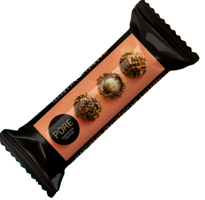 ŠOKOLĀDES TRIFELES AR MARCIPĀNA KRĒMA PILDĪJUMU UN KRAUKŠĶĪGO AMARETO CEPUMU DEKORU 32G, PURE