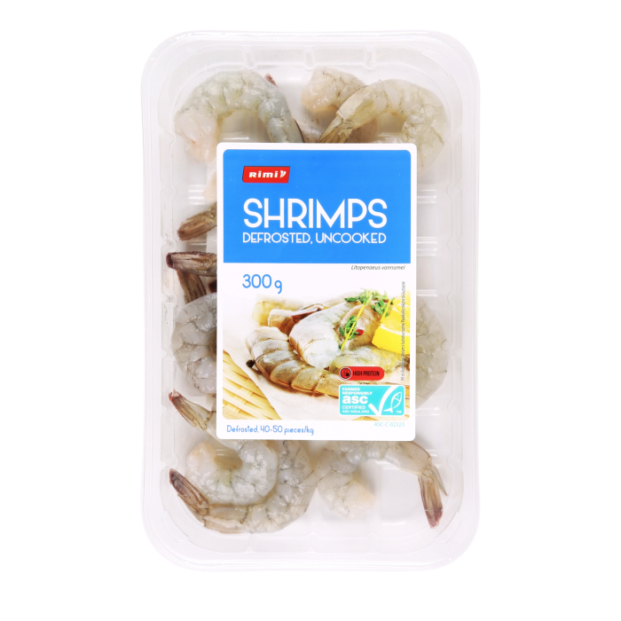 GARNELES RIMI 40/50 ATLAIDINĀTAS, NEVĀRĪTAS, BEZ GALVAS, AR ASTI ASC 300G