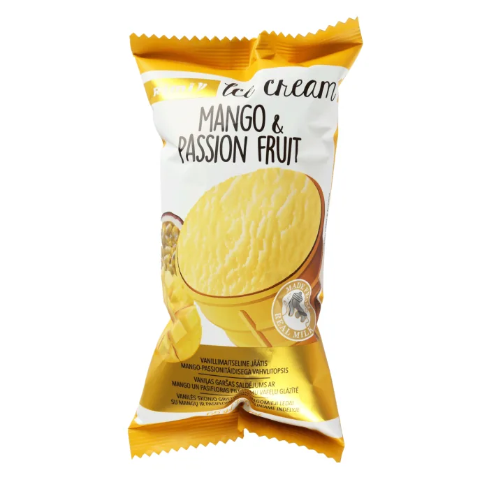 VANIĻAS GARŠAS SALDĒJUMS RIMI AR MANGO UN PASIFLORAS PILDĪJUMU VAFEĻU GLĀZĪTĒ 65G/120ML