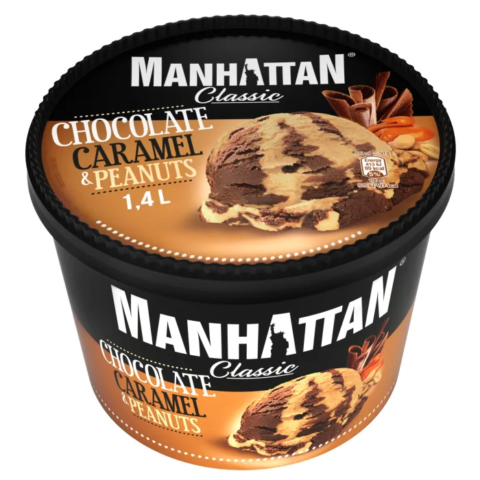 SALDĒJUMS MANHATTAN ŠOKOLĀDES - KARAMEĻU AR GRAUZDĒTU ZEMESRIEKSTU GABALIŅIEM 1,4L/705G