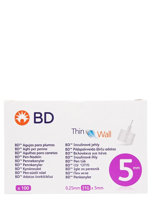 BD Thin Wall 5 mm adata - injektora, insulīna, 0,25 mm X 5 mm, 31 g, 100 gb.