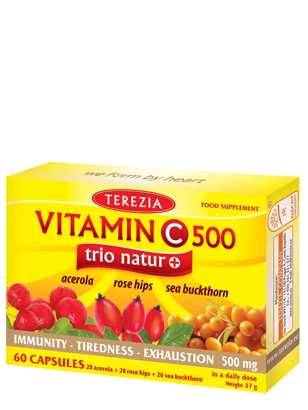 Terezia Vitamin C 500 trio natur + (acerola, suņu roze, smiltsērkšķi), 60 kapsulas