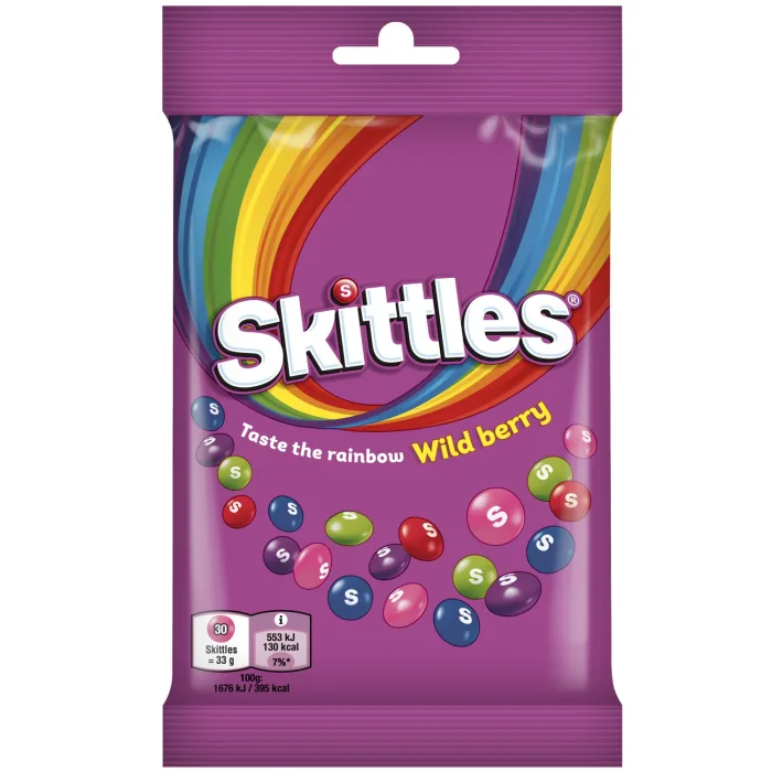 KOŠĻĀJAMAS KONFEKTES SKITTLES WILDBERRY KRAUKŠĶĪGĀ CUKURA GLAZŪRĀ AR MEŽA OGU GARŠU 95G