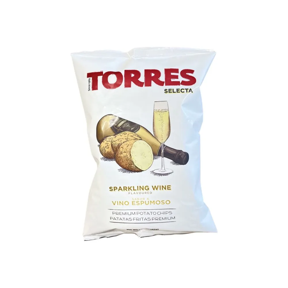 ČIPSI KARTUPEĻU AR DZIRKSTOŠĀ VĪNA GARŠU 50G TORRES