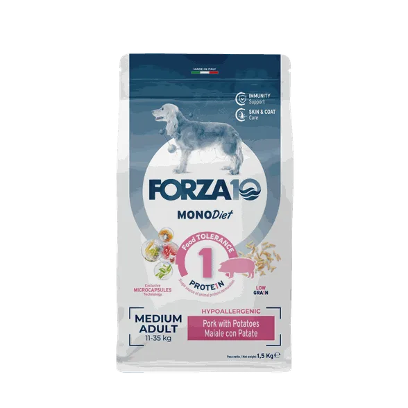 FORZA10 Monodiet Medium Adult ar cūku un kartupeļiem, suņiem sausā barība, 1,5 kg