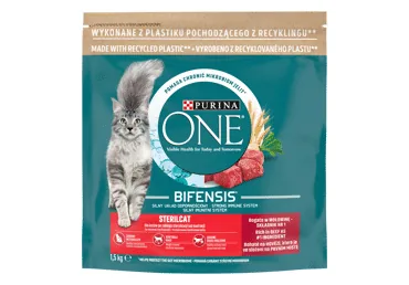 SAUSĀ KAĶU BARĪBA PURINA ONE LIELLOPA,  STERILIZĒTIEM KAĶIEM 1.5KG