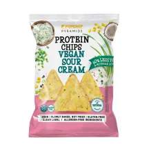 PROTEĪNA ČIPSI POPCROP AR SKĀBĀ KRĒJUMA GARŠU AR SALDINĀTĀJU, VEGĀNISKS 60G