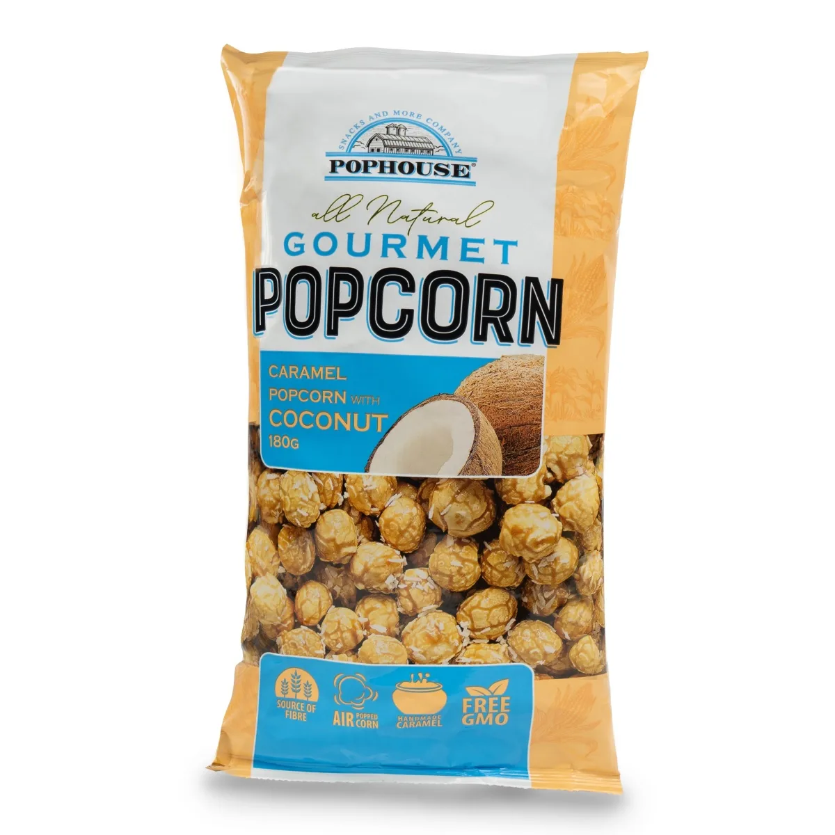 POPKORNS POPHOUSE, KARAMEĻU AR KOKOSRIEKSTU SKAIDIŅĀM, 180G