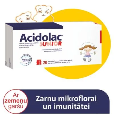 Acidolac Junior ar zemeņu garšu tabletes N20