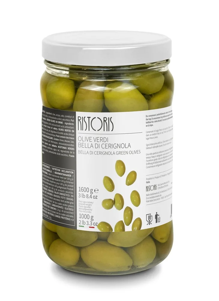 ZAĻĀS OLĪVAS, LIELAS, AR KAULIŅIEM RISTORIS, BELLA DI CERIGNOLA, 1.65KG/1.05KG