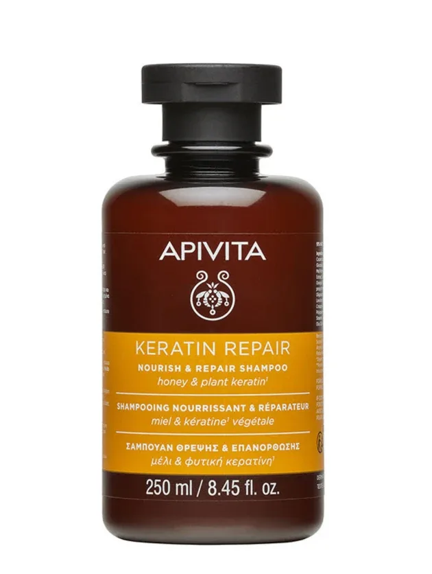 Apivita Keratin Repair barojošs un atjaunojošs šampūns matiem ar keratīnu, sausiem un bojātiem matiem, 250 ml