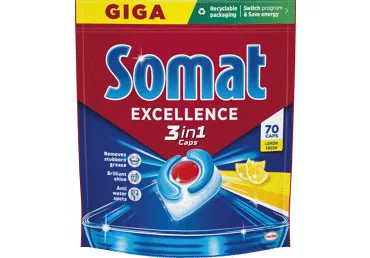 KAPSULAS TRAUKU MAZGĀŠANAS MAŠĪNĀM SOMAT EXCELLENCE 3IN1 LEMON 70GB.