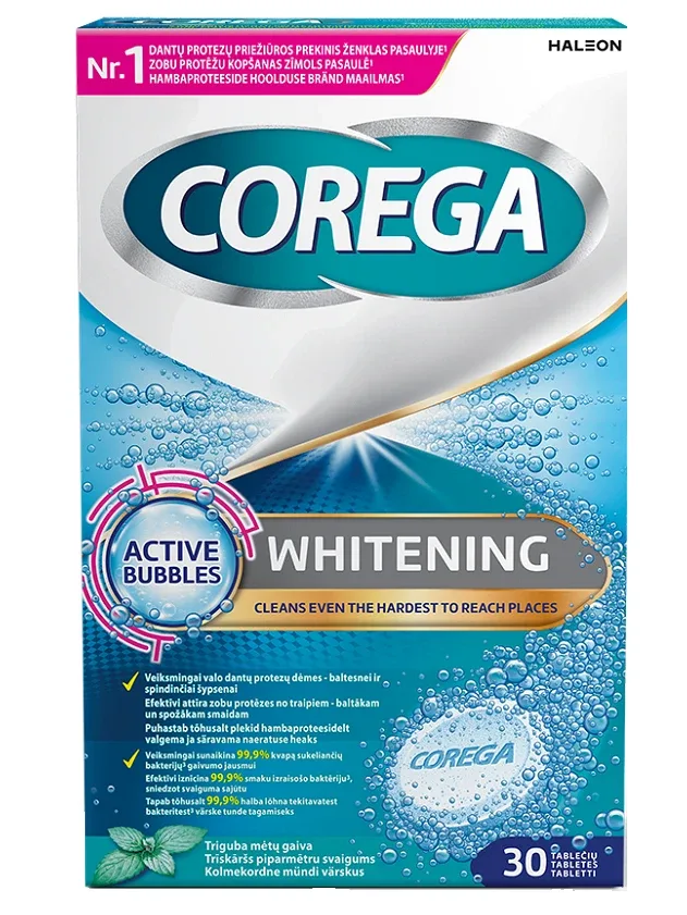 Таблетки Corega Dental White для очистки зубных протезов, 30 шт.
