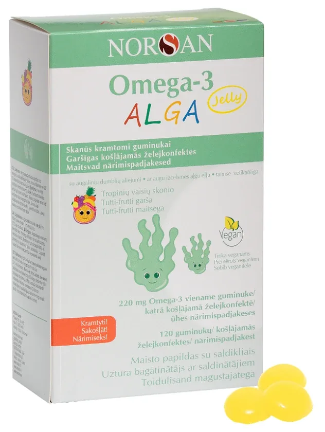 Norsan Omega-3 alga jelly ar tutti-frutti garšu, 120 želejkonfektes