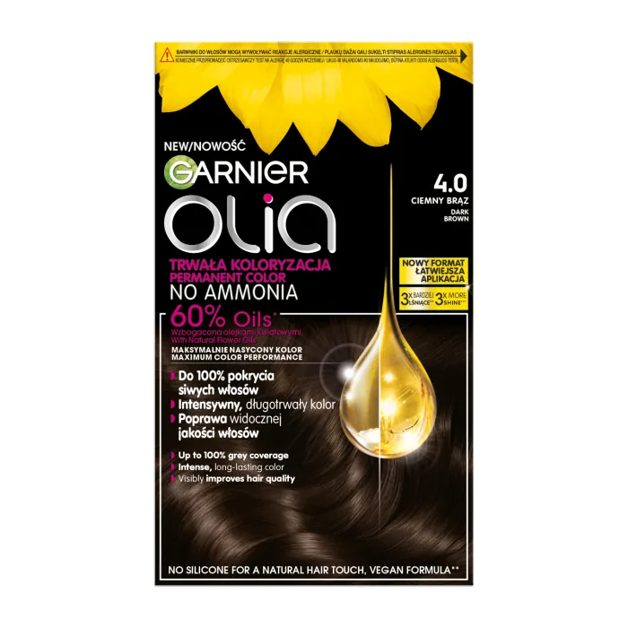MATU KRĀSA GARNIER OLIA ILGNOTURĪGA, UZ EĻĻAS BĀZES BEZ AMONJAKA 4.0 TUMŠI BRŪNA 1GAB.