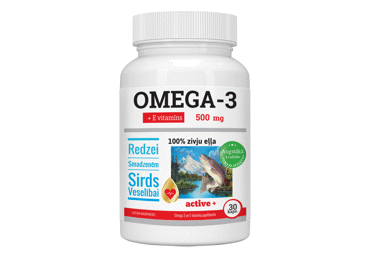 UZTURA BAGĀTINĀTĀJS OMEGA-3 ZIVJU EĻĻA 500 MG + E VITAMĪNS 30 KAP.