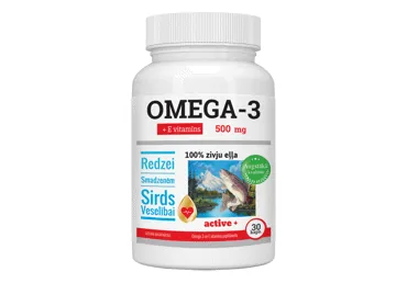 UZTURA BAGĀTINĀTĀJS OMEGA-3 ZIVJU EĻĻA 500 MG + E VITAMĪNS 30 KAP.