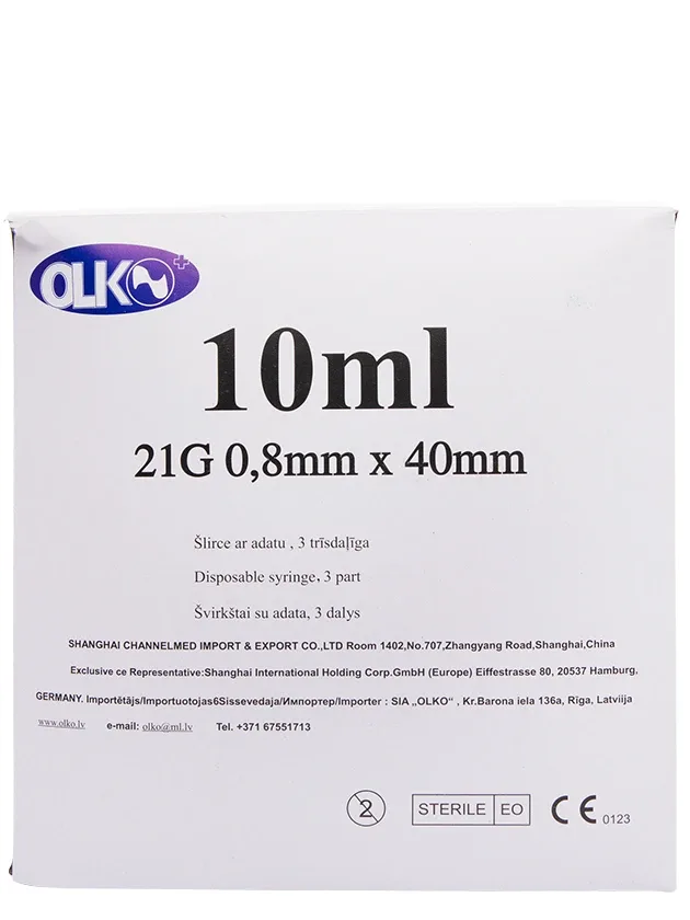 Olko šļirce 10 ml, 21 g, 3-daļīga, ar adatu 0.8 x 40 mm, 100 gb.