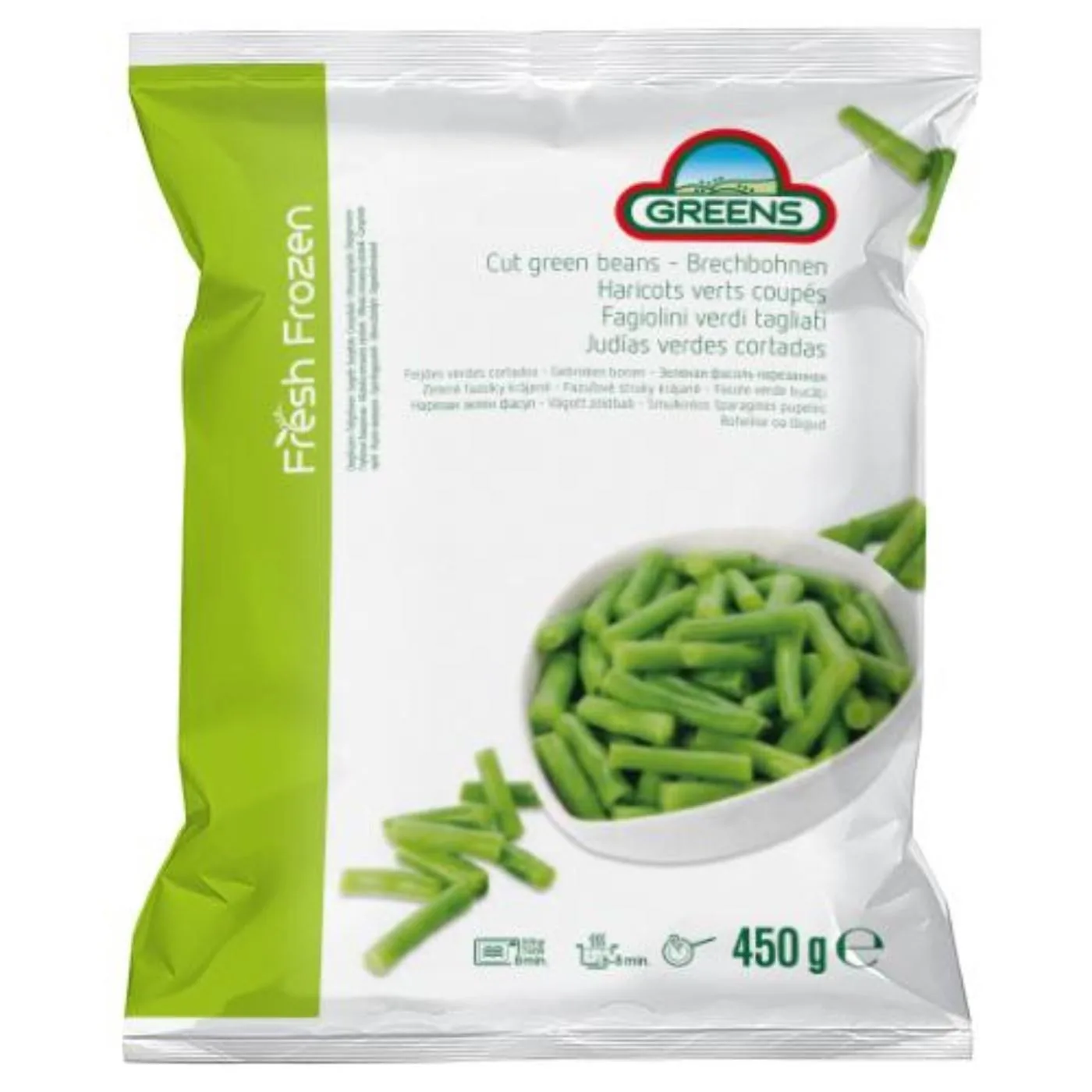 SALDĒTAS ZAĻĀS PUPIŅAS GREENS, SAGRIEZTAS, 450G, IQF