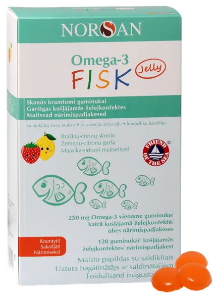 Norsan Omega-3 fisk jelly ar zemeņu un citronu garšu želejas konfektes, 120 gab.