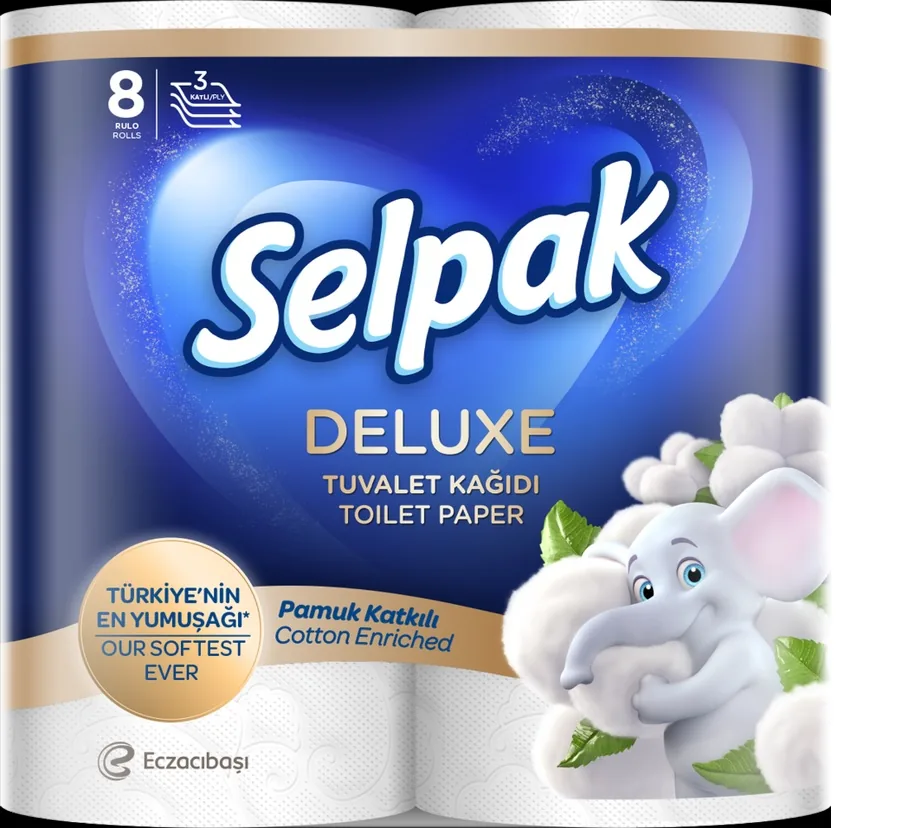 TUALETES PAPĪRS SELPAK DELUXE COTTON, 3 SLĀŅI, 15.6M, 130 LOKSNES, 8 RUĻĻI