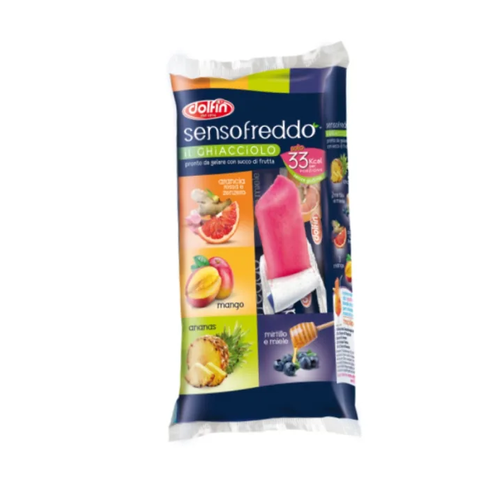 SORBETA SALDĒJUMS DOLFIN AR MELLEŅU-MEDUS, APELSĪNA-INGVERA, MANGO UN ANANĀSU GARŠU 10 GAB. X 40ML