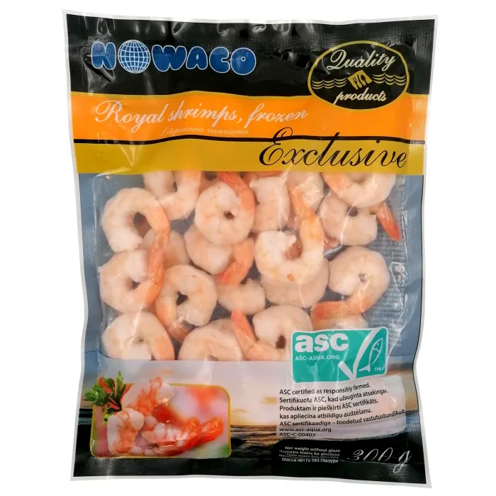 KARALISKĀS GARNELES NOWACO EXCLUSIVE 31/40 ASC VĀRĪTAS, TĪRĪTAS, AR ASTI, SALDĒTAS 300G