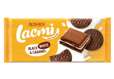 PIENA ŠOKOLĀDE LACMI AR BALTO UN MELNO KRĒMU UN KARAMELI 100G