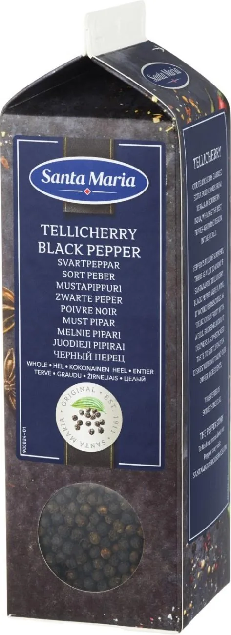 MELNIE PIPARI TELLICHERRY, GRAUDU, 450 G, SANTA MARIA, TETRAPAKA