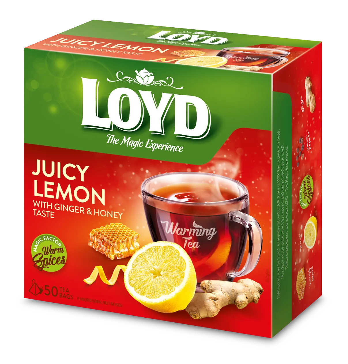 ZĀĻU TĒJA LOYD PYRAMIDS AR SILDOŠU EFEKTU JUICY LEMON AR INGVERU UN MEDU, 50X2G