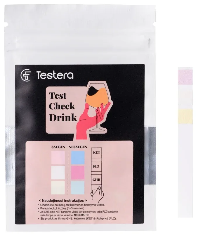 Testera Drink Check Tests dzērienu drošības nodrošināšanai (ket, FLZ, GHB), 1 x 5 gb.