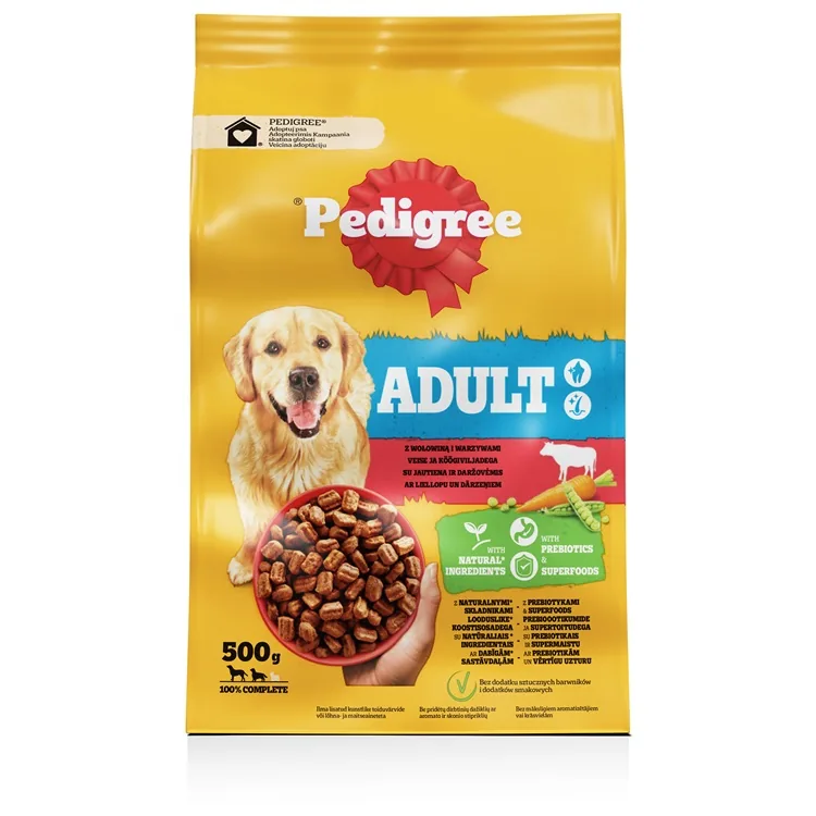 SAUSĀ BARĪBA SUŅIEM PEDIGREE AR LIELLOPU UN DĀRZEŅIEM, 500G
