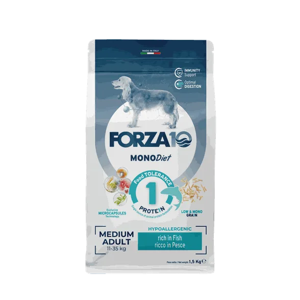 FORZA10 Monodiet Medium Adult ar zivi, suņiem sausā barība, 1,5 kg