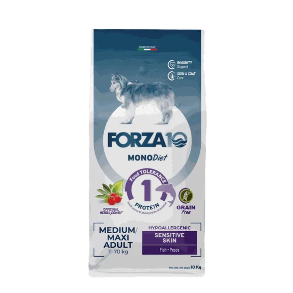FORZA10 Monodiet Sensitive Skin medium/maxi adult ar zivi, suņiem sausā barība, 10 kg