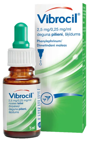 Vibrocil 2,5 mg/0,25 mg/ml deguna pilieni, šķīdums, 15 ml