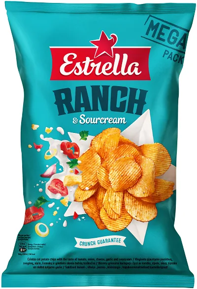 ČIPSI ESTRELLA AMERICAN RANCH AR TOMĀTU, SĪPOLU UN SIERA GARŠU 250G