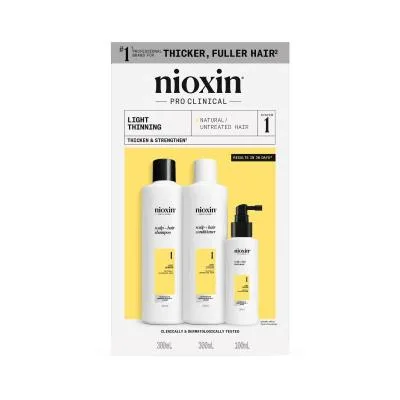 Nioxin System 1 dabiskiem matiem ar vieglu tendenci kļūt plānākiem, komplekts 300 ml+300 ml+100 ml