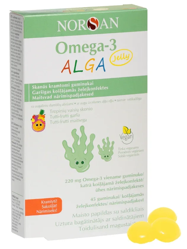 Norsan Omega-3 alga jelly tutti-frutti garšu, 45 želejkonfektes