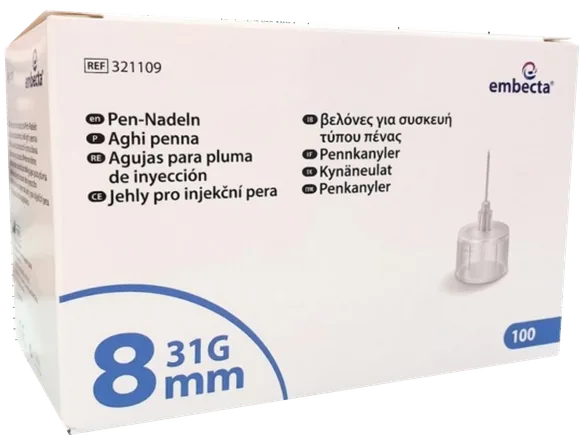 Becton Dickinson Embecta PN 31 g/8 mm insulīna injektora adata, 100 gab.